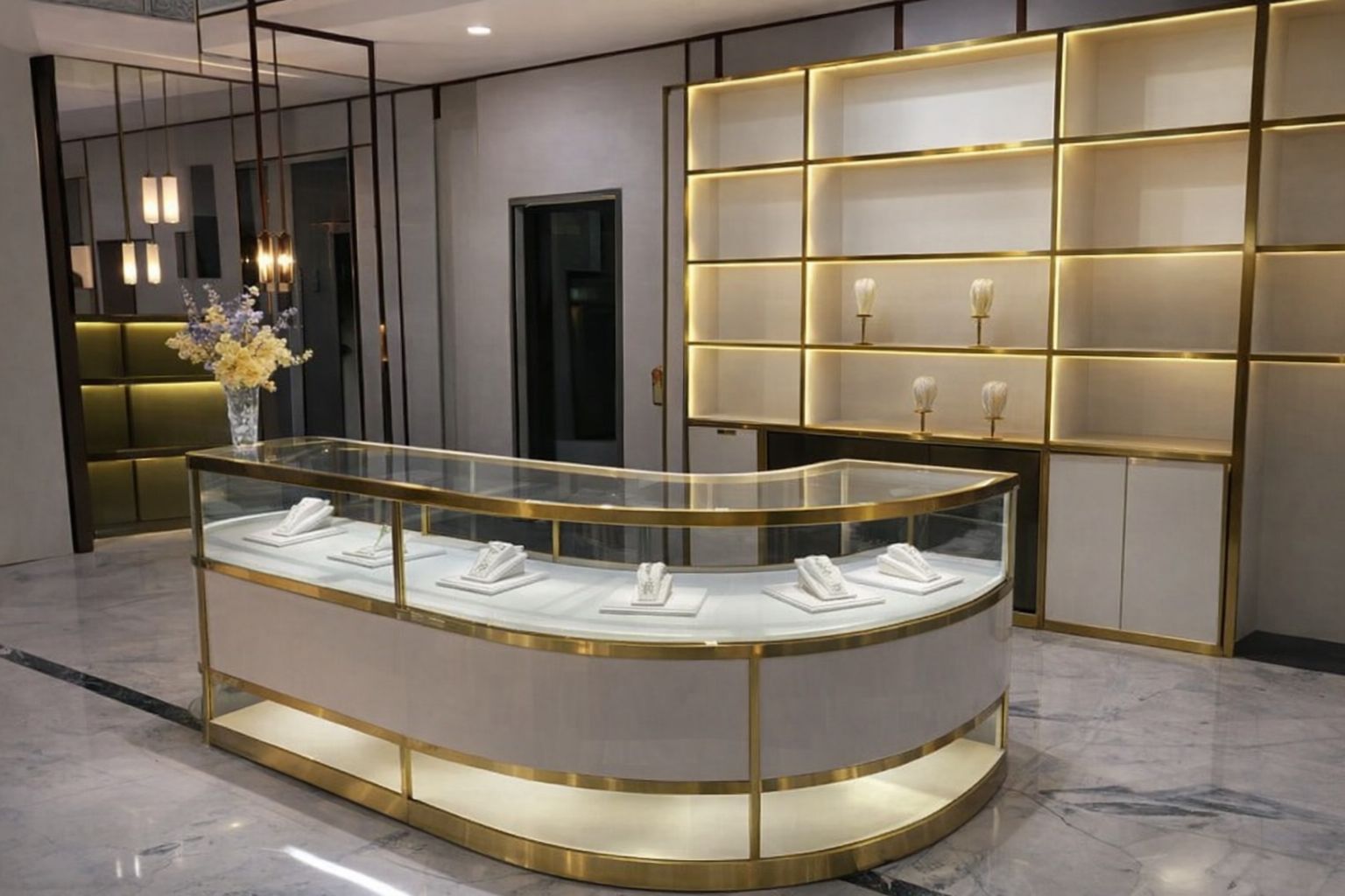 Elegant utställningsmonter med guldsmycken i en modern lokal.